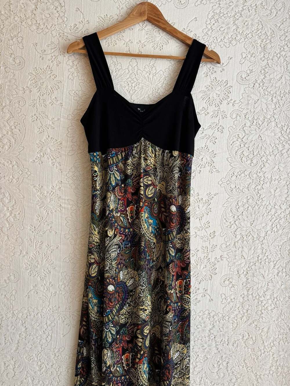 Ellen Parker Sleeveless Maxi Dress With Black Bust and Multicolor Paisley Print